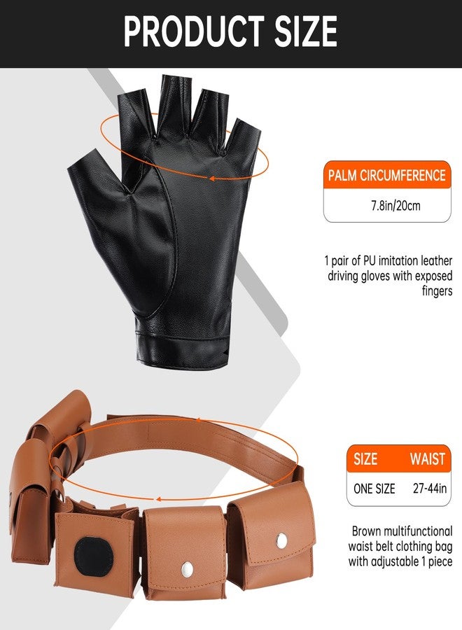 Velmitten 2 Pcs Halloween Cosplay Leather Utility Belt with PU Leather Fingerless Gloves Adjustable Women Mens Adult Accessories Belt for Halloween Cosplay - Image 2